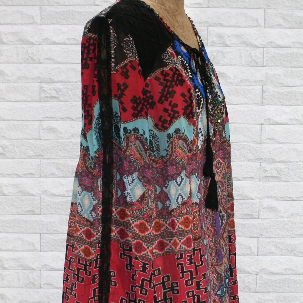 V CHRISTINA Blouse Sheer Mixed Print Long Sleeve Beaded Yoke Lace Up Boho Large - Picture 6 of 15